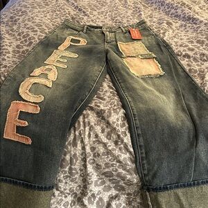 SHEIN Women's Blue Jeans with Peace Patchwork